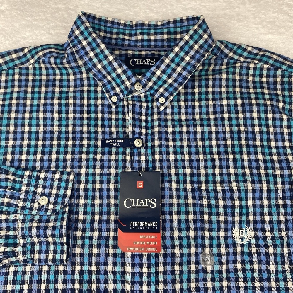 CHAPS Shirt Mens 2XL Blue Checks Easy Care Twill Moisture Wicking NWT!